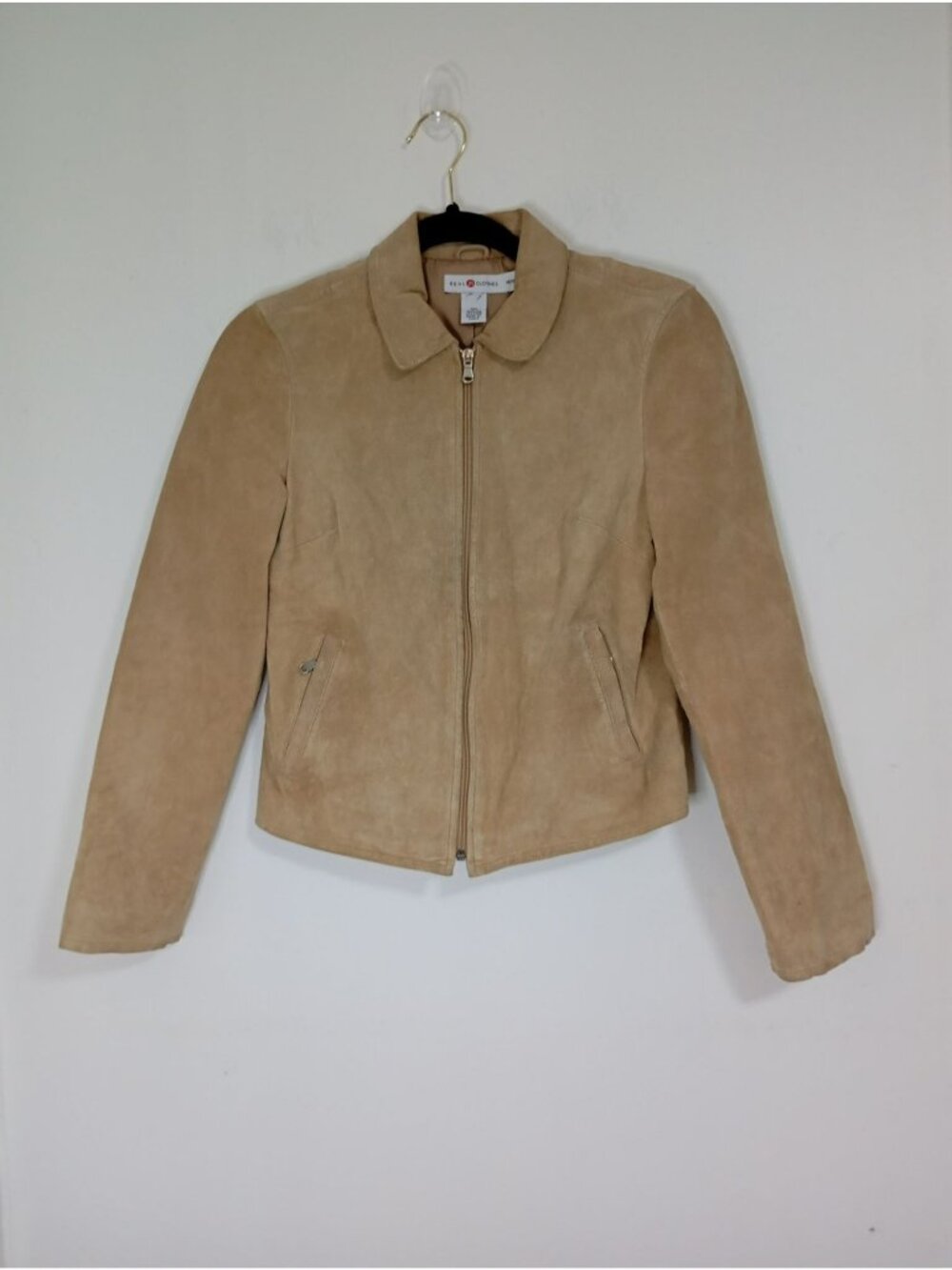 Real Clothes Petite Womens Tan Suede Leather Jacket With Zipper & Pockets Size S